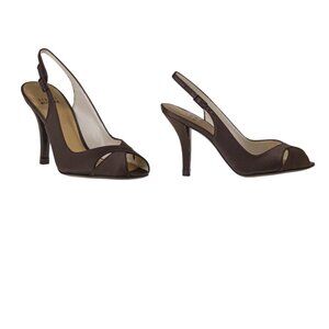 Stuart Weitzman Chocolate Brown Satin Peep-Toe Slingback Heels